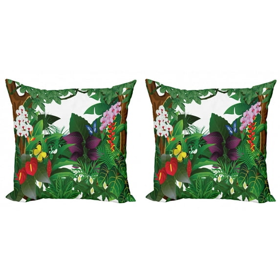 Nature Throw Pillow Cushion Cover Pack of 2, Jungle Themed Cartoon Design with Blooming Flowers and Butterflies Tropical Pattern, Zippered Double-Side Digital Print, 4 Sizes, Multicolor, by Ambesonne