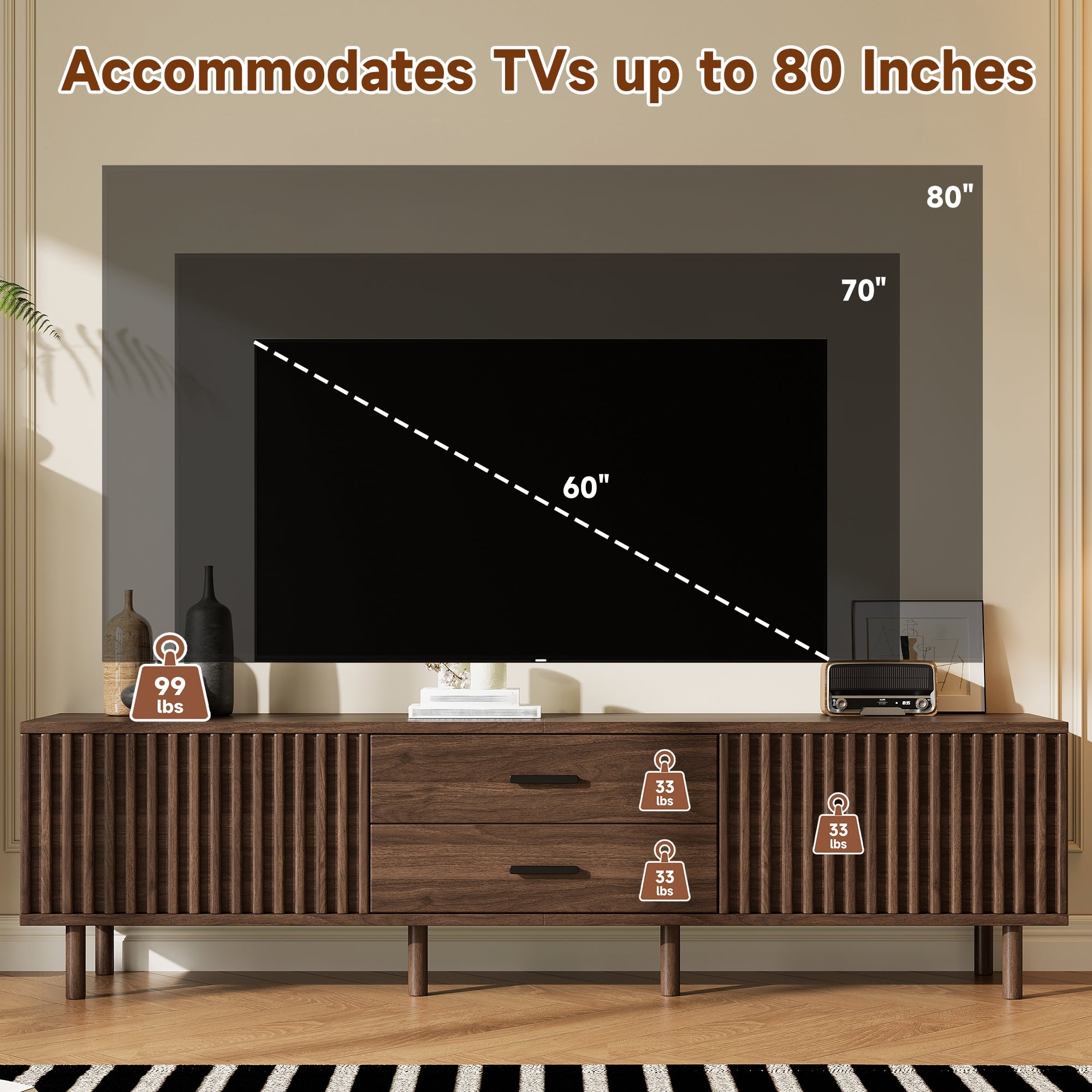 70in TV Stand for TVs up to 80 inches for Living Room, Media Entertainment Center with Ample Storage & Solid-Wood Legs