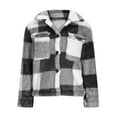 thumbnail image 4 of Women's Sherpa Jacket Long Sleeve Button Down Shirt Casual Plaid Lapel Cropped Jacket with Pockets Black S, 4 of 9