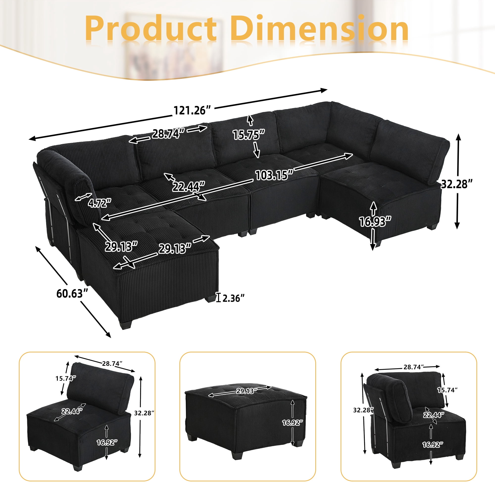 MOONMISS U-Shaped Corduroy Upholstered 6-Seat Convertible Modular Sectional Sofa Fit for Living Room-Black