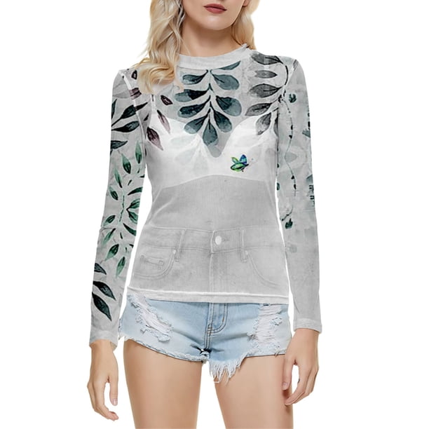 Gibobby Blusas Holgada Blusa de manga larga con cuello redondo a la moda de verano para mujer, camisa estampada superior semitransparente, camisa inferior(Negro, XL)