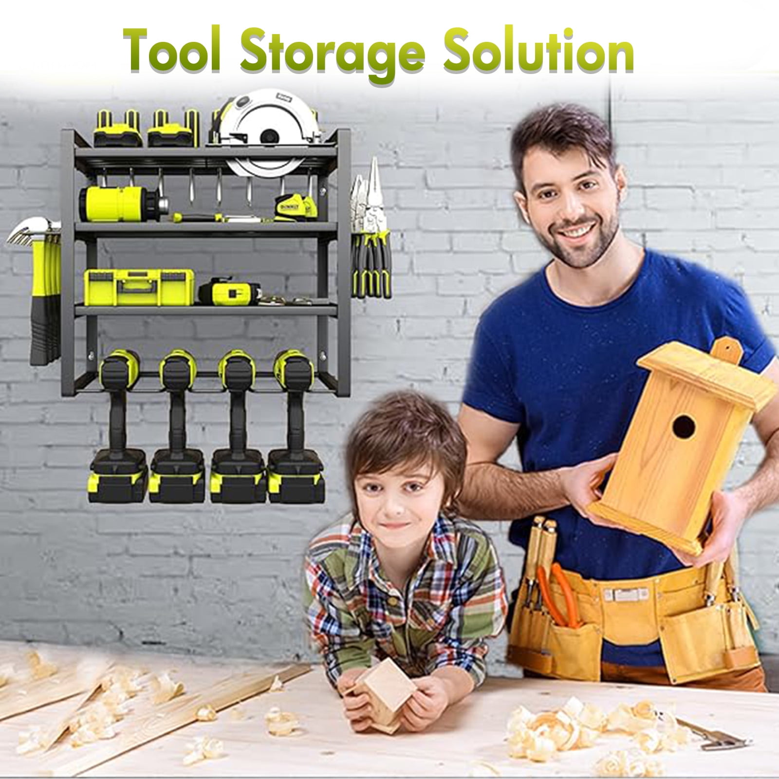 4 Layers Power Tool Organizer, Heavy Duty Metal Tool Storage Rack, Drill Holder Wall Mount, Battery Tools Holder Shelf, Utility Tool Shelves for Workshop or Garage, Black