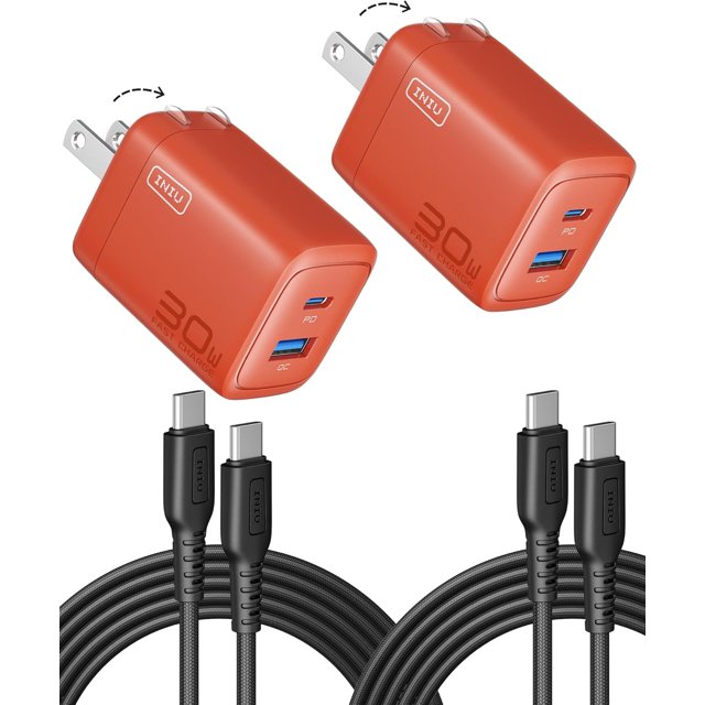 fuzhong-USB C Charger, 2-Pack 30W PD QC 3.0 Dual Port Fast Charging Type C Charger Block with 5ft USB-C Cable, Compact USB C Wall Charger with Foldable Plug for iPhone 16 15 Pro Max Samsung S23, Oran