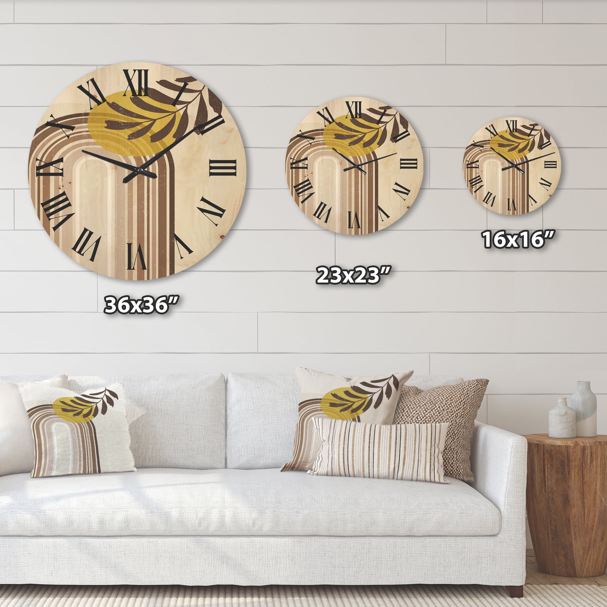 Designart 'Abstract Moon and Sun With Leaf In Earth Tones' Modern Wood Wall Clock