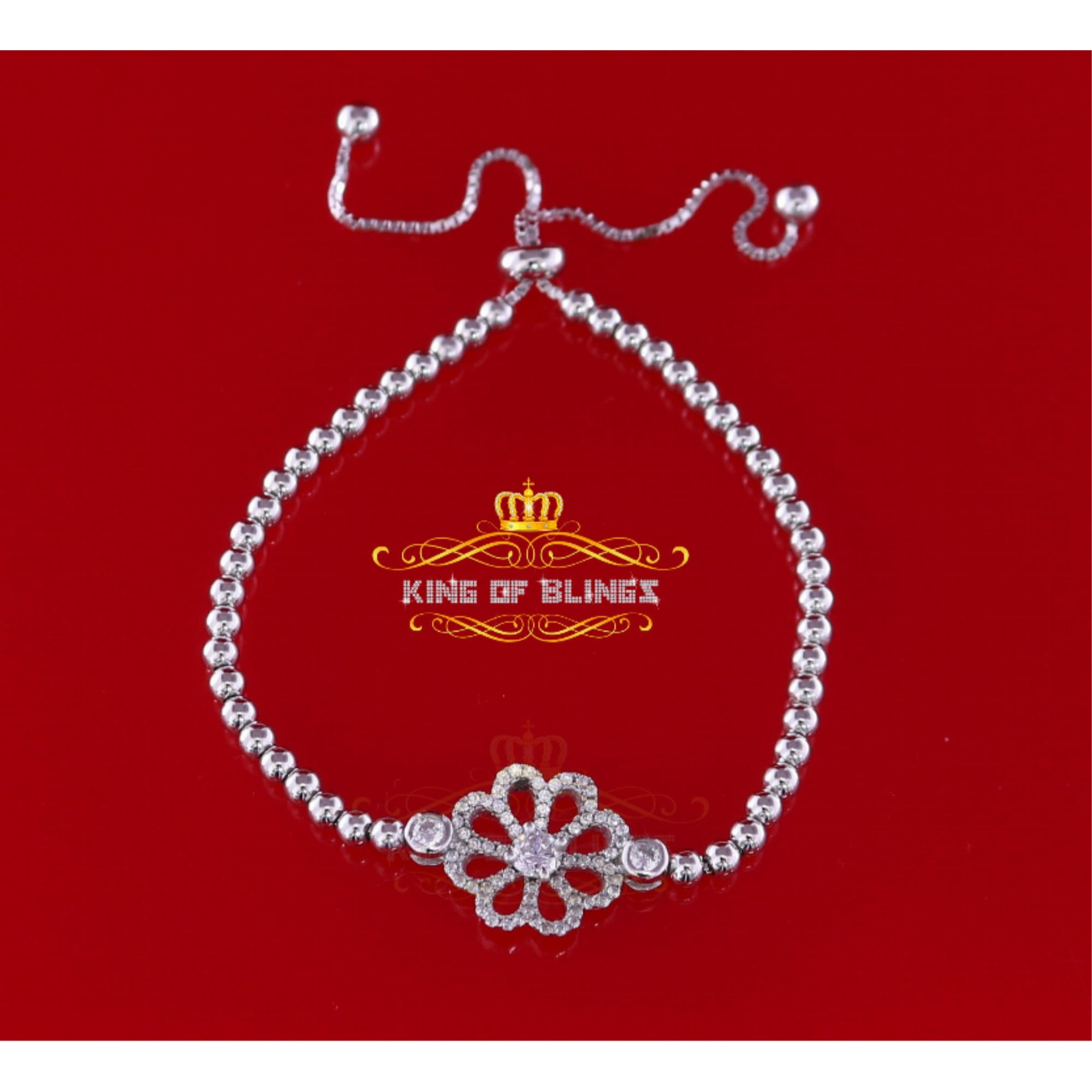 King of Bling's White Sterling Silver Cubic Zirconia Floral Shape Womens Bracelet Adjustable SZ