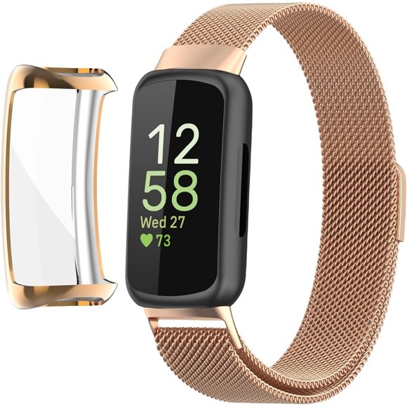 MYKOMI Compatible for Fitbit Inspire 3 Bands with Case, Metal Braided Strap Magnetic Clasp, Stainless Steel Mesh, Soft TPU Bumper Cover for Men Women