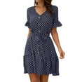 thumbnail image 3 of Women Polka Dots Print V Neck Ruffled Sleeve Buttons Tie Waist Mini Dress, 3 of 7