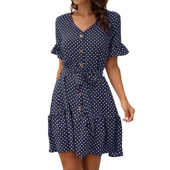 Mini-robe à Manches Courtes Volantée à Pois Imprimés à la Taille