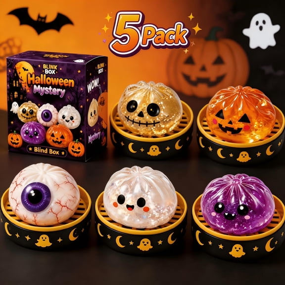 Toys Under $5 5 Pack 5 Styles Halloween Dumpling Squishy Blind Box, 2.17 Inch Glitter Stress Relief Squeeze Balls, Mystery Surprise Fidget Toy for Halloween Party Favors