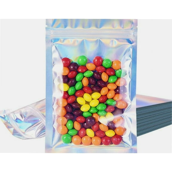 100Pcs Mylar Bags for Food Storage, Holographic Bags, Snack Size Ziplock Baggies, Resealable Bags for Small Business, Reusable Sample Bags, Used For Jewelry Sorting Food Storage(7x10cm)