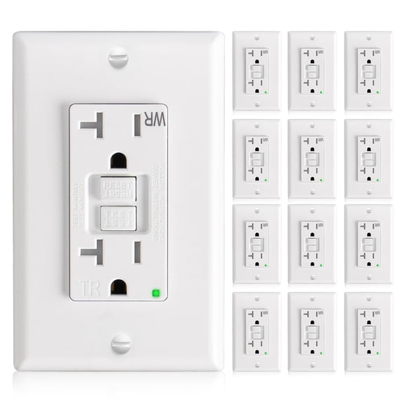 Amico Prise GFCI 20 Ampères avec Design Plus Mince, Lot de 12, Résistant aux Intempéries (WR), Réceptacles GFI d'Auto-test avec Indicateur LED, Plaques Murales et Vis Incluses, Intérieur