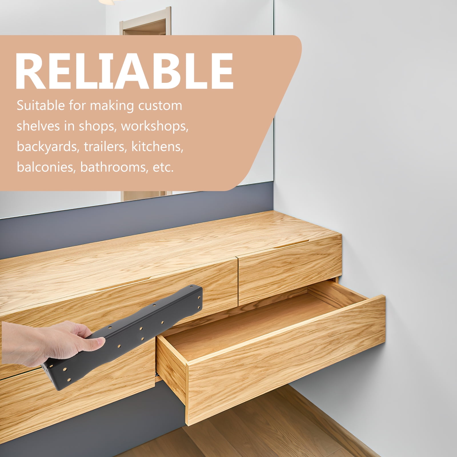 Black Iron L-Shaped Shelf Brackets for Storage Use with Smooth Surface 2 Pcs