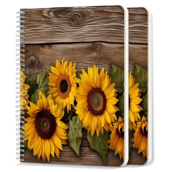 Spiral Notebook,College Ruled Journal,8.26" x 5.71" 50 Sheets/100 Pages,2 Pack - Rustic Wooden Background With Sunflowers Arranged in Row