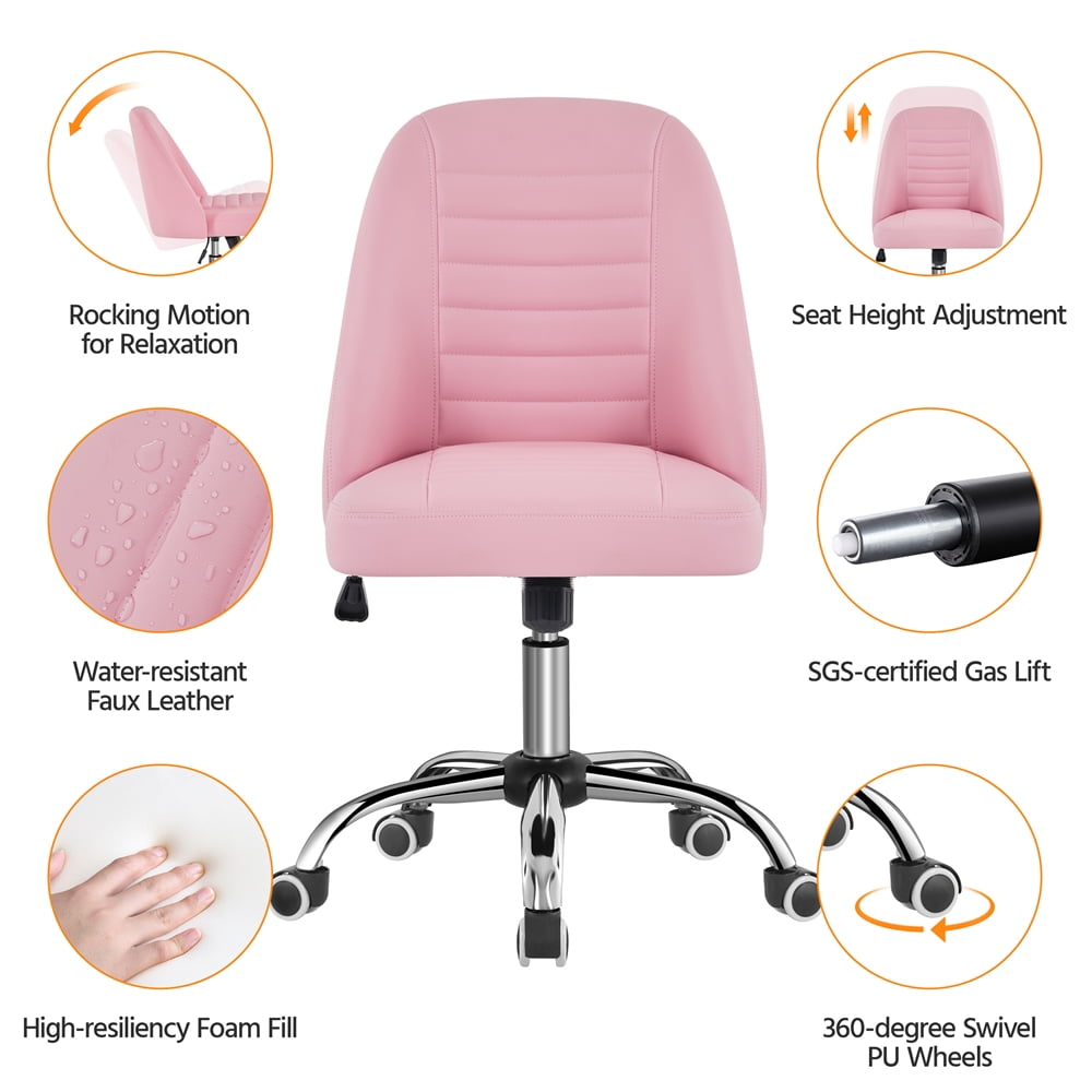 Yaheetech Faux Leather Mid Back Desk Chair with Wheels for Home Office, Pink