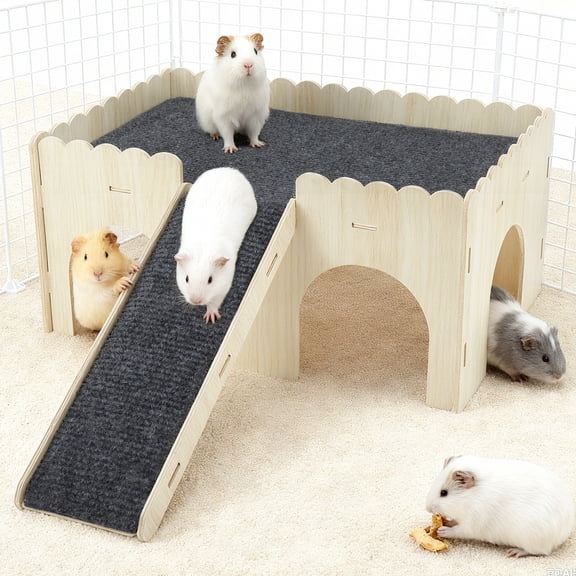 Unique Bargains Guinea Pig Hideout Wooden Small Animal Castle Habitat with Stairs Hamster Bunny Chinchilla Hideaway Hut for Playing Hiding Beige Black 1 Set