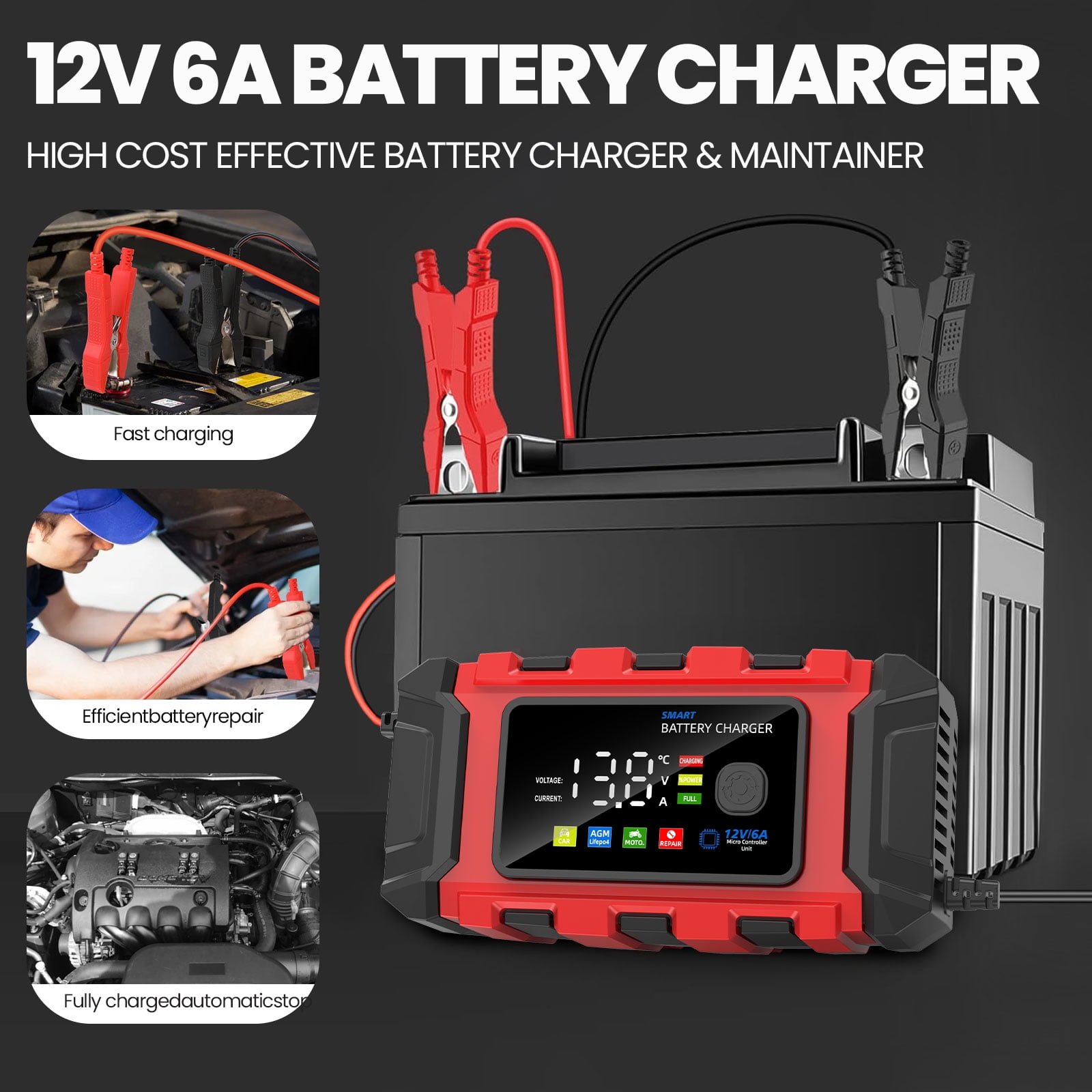 12V 6A Smart Automatic Maintainer Trickle Charger, 3-Stage Lead Acid AGM LiFePO4 Battery Charger for Cars Motorcycles Boats,Red