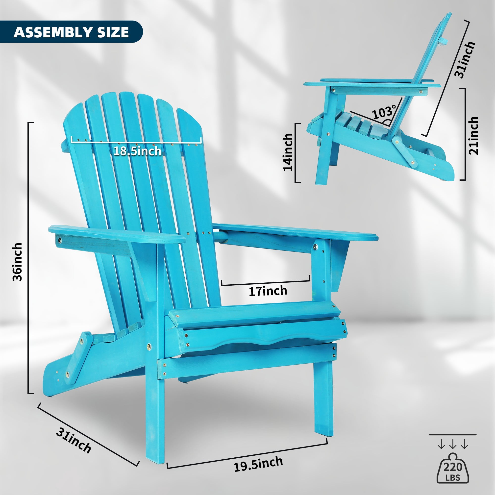 UHOMEPRO Outdoor Adirondack Chairs Set of 2, Weather Resistant Patio Lawn Chair, Wooden Folding Fire Pit Chairs for Outside Deck Garden Backyard Balcony, Patio Furniture Set Lounge Chairs, Blue