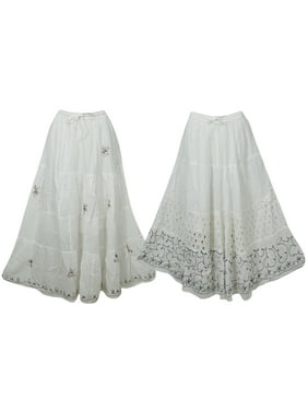Mogul 2pc Women's White Maxi Skirt Elastic Waist A-Line Flared Summer Skirts