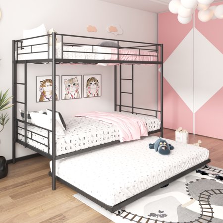 Seizeen Bunk Bed Twin Over Twin  Triple Bunk Bed Sturdy Metal Bed Frame  Black twin over twin Bunk Bed with Trundle for Kids Teens Adults w/Ladders and Rails  No Box Spring Needed