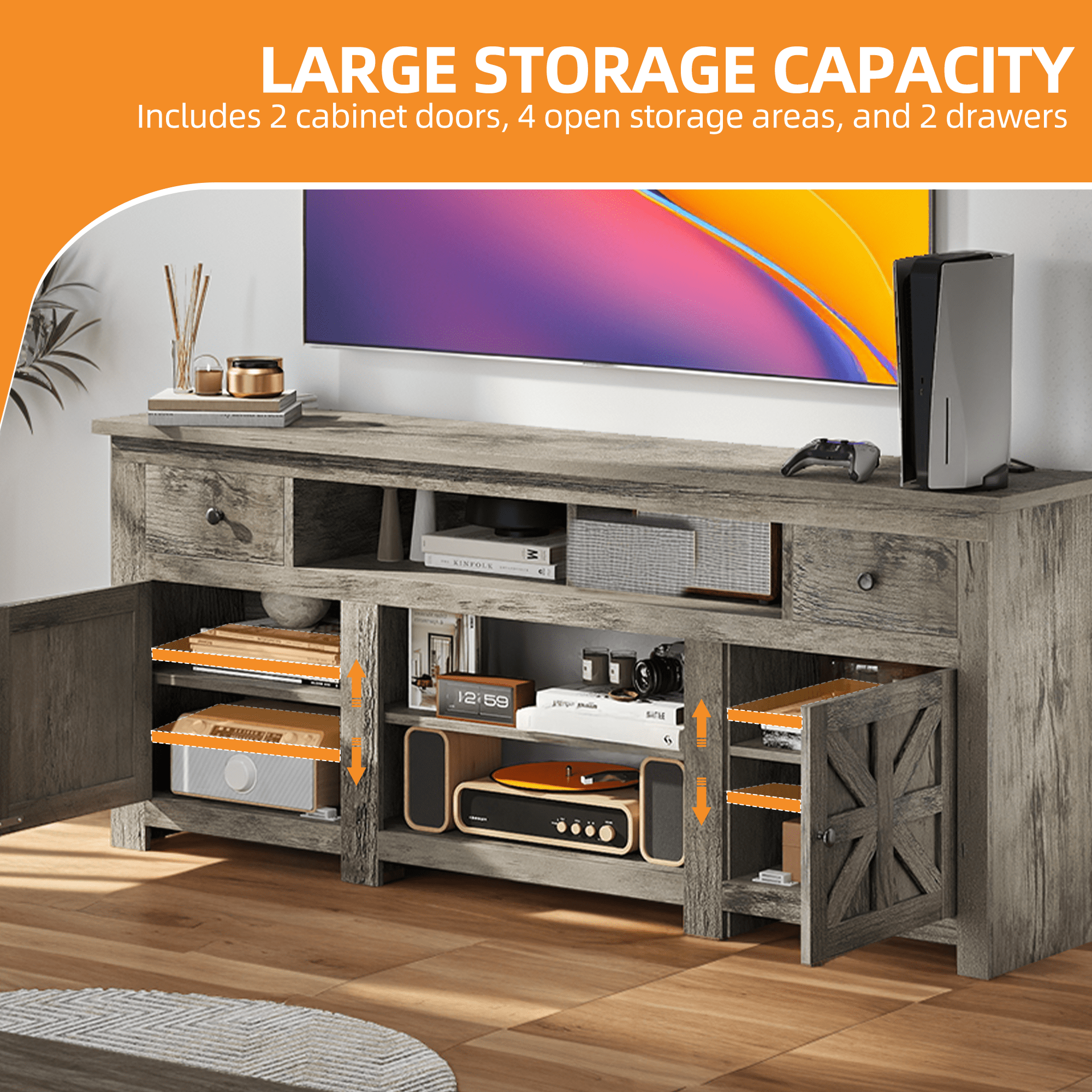 Uforic 70 Inch TV Stand for 75/80 Inch TV with 2 Drawers, 4 Open Compartments & Built-In Power Outlet, Floor Mount Wooden TV Console, Gray