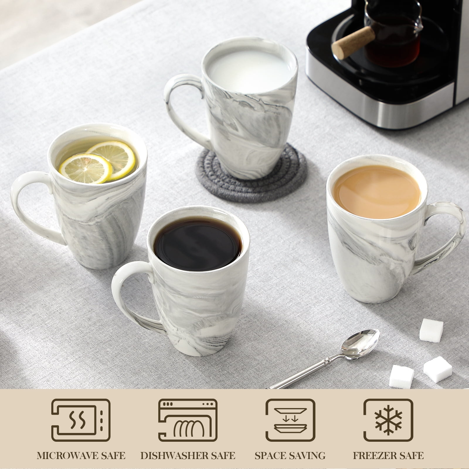 Vancasso Coffee Mugs Set of 6, 16oz Large Porcelain Mug, Ceramic Tea Cups with Handle, Dishwasher and Microwave Safe, Grey