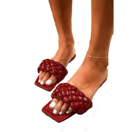 

ANYSENSEPS Women Solid Open Square Toe Slippers Summer Casual Flat Slides Sandals Shoes
