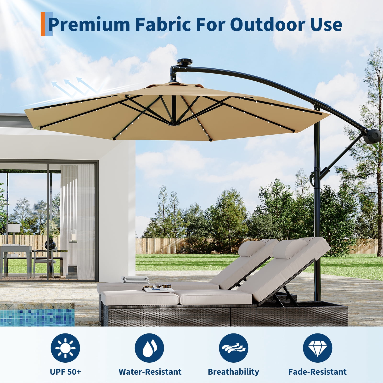 Wildbreak 10 ft Offset Hanging Market Patio Umbrella, with Solar LED, Easy Tilt Adjustment, Tan