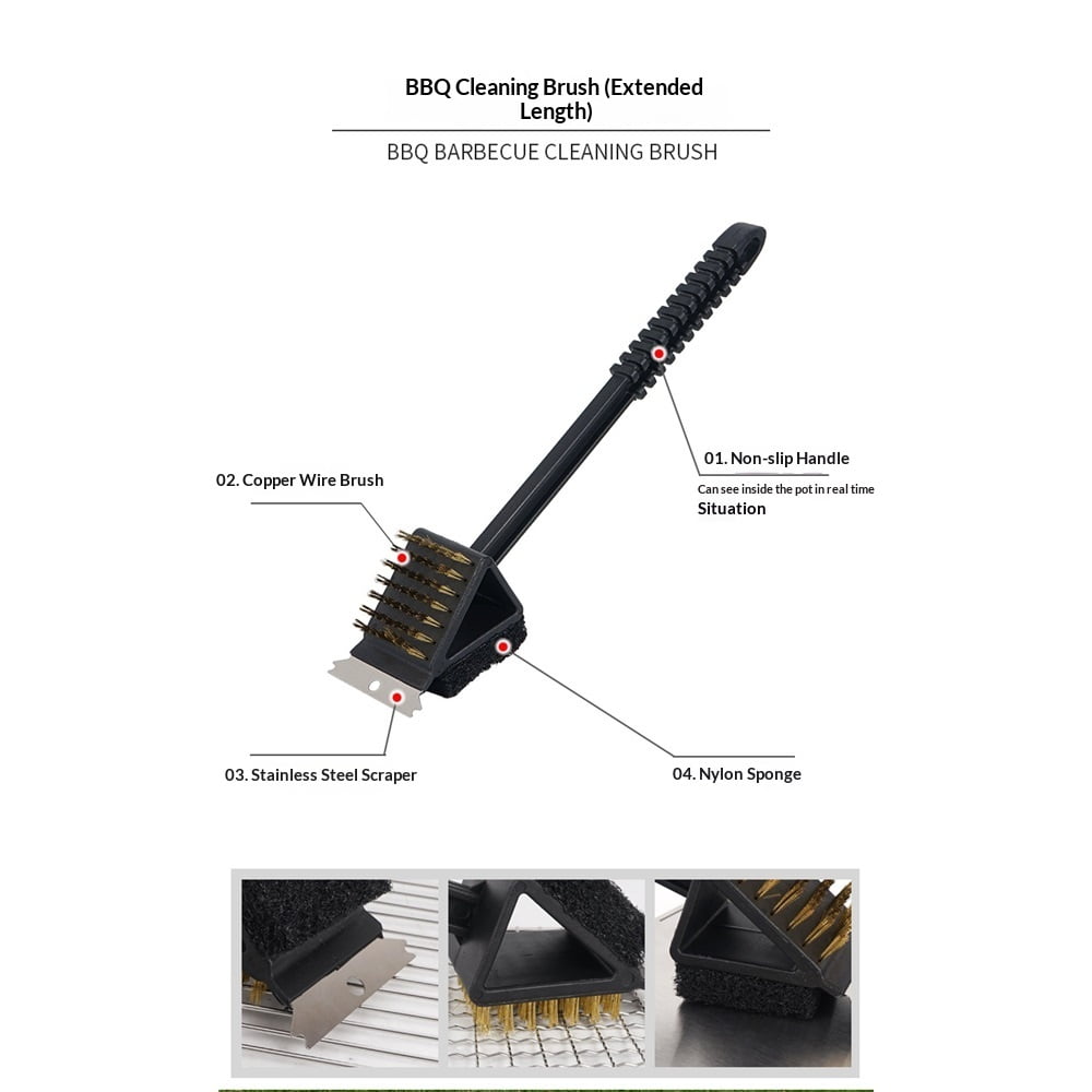 2pcs 3-in-1 Grill Cleaning Brush with Stainless Steel Wire Bristles - Scour Pad - Grill Scraper - 36cm Handle Length
