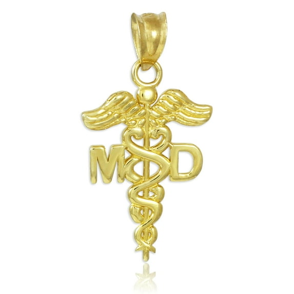Gold Medical Doctor MD Caduceus Charm Pendant Necklace : 10K Pendant with 22" chain