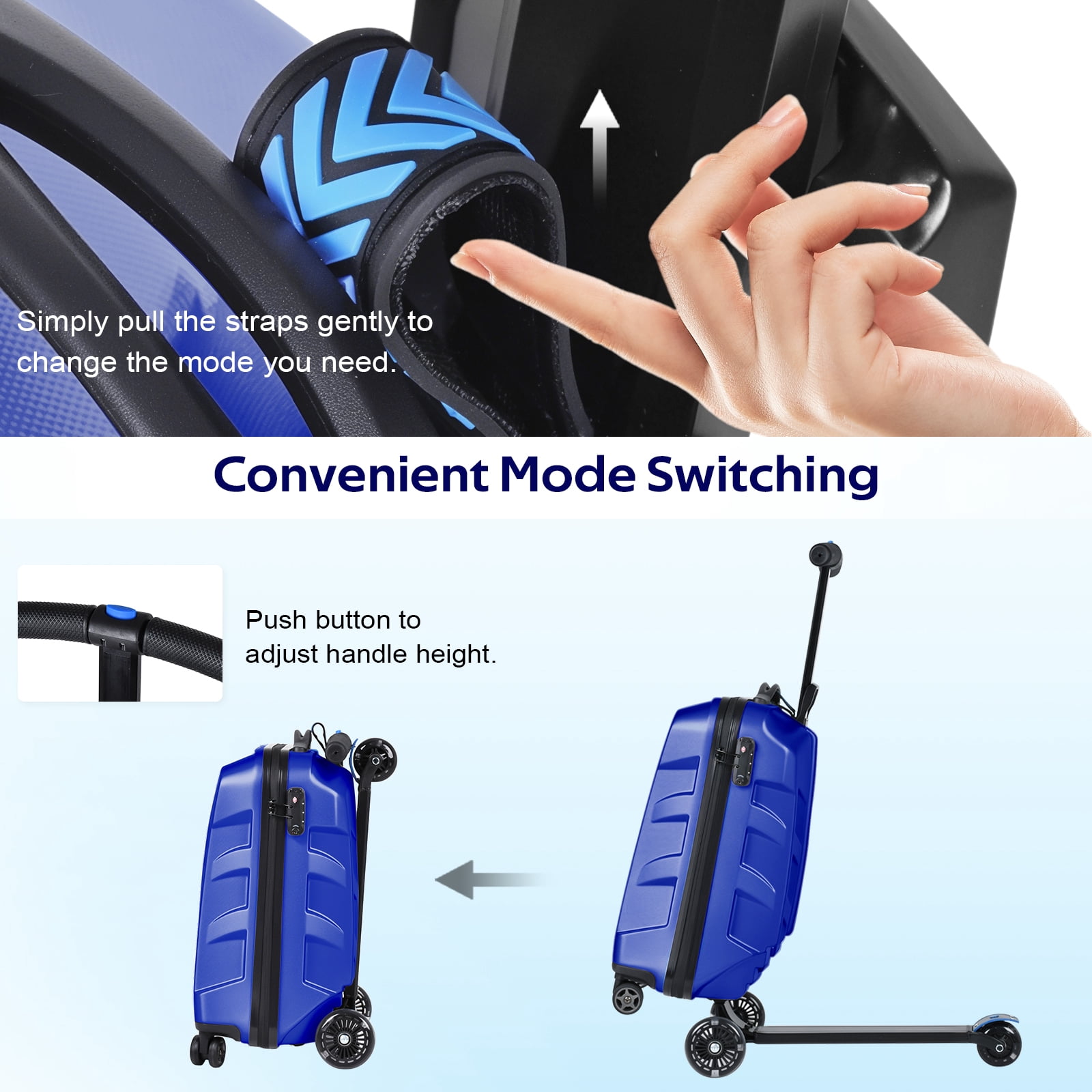 Advwin Scooter Suitcase for Kids & Adults, 3-D Hardshell Ride On Scooter Luggage with LED Light Up Wheels, TSA Lock, Lightweight Foldable Carry On Rideable Suitcase for Children Teenagers, Blue