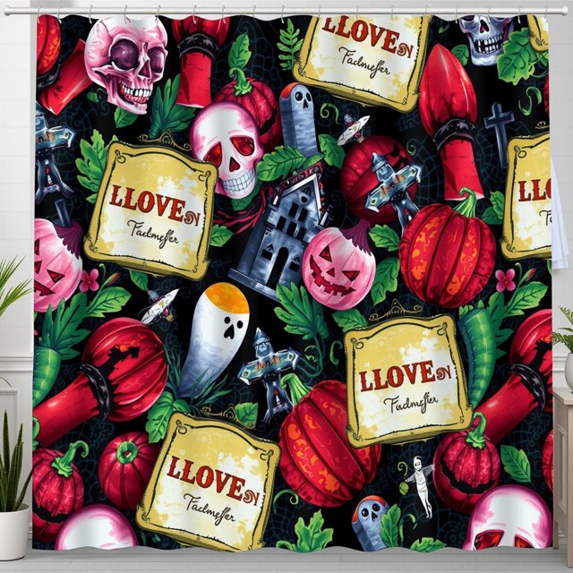 Vibrant Halloween Shower Curtain with Skulls, Pumpkins & Ghosts - Whimsical Design for Festive Decor