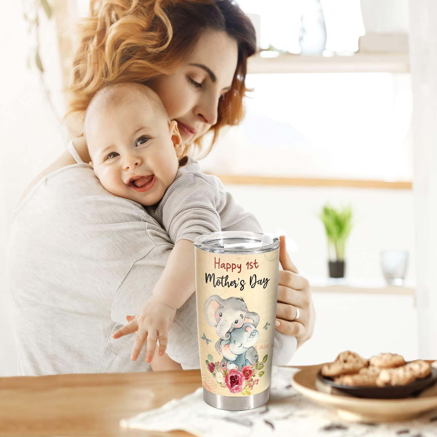 First Mothers Day Gifts For New Mom Daughter From Sister Baby Son - 1st Mothers Day Coffee Mug - Elephant 20oz Double Wall Vacuum Insulated Tumbler With Lid for Woman