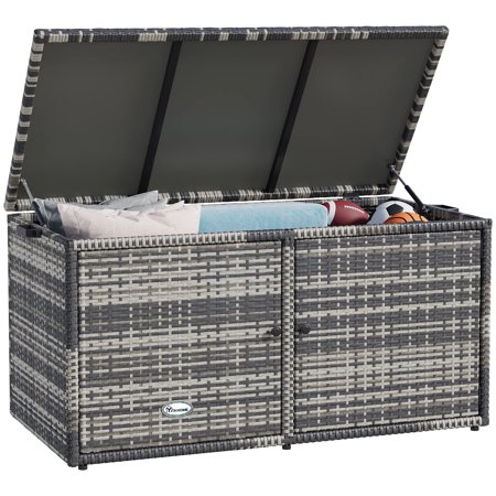 Dextrus 120 Gallon Outdoor Wicker Storage  Large Rattan Deck Box Double Openable Door with Lid and Separate Storage Shelf for Patio  Cushions  Garden Tools  Pools & Sports Equipment (Gray)