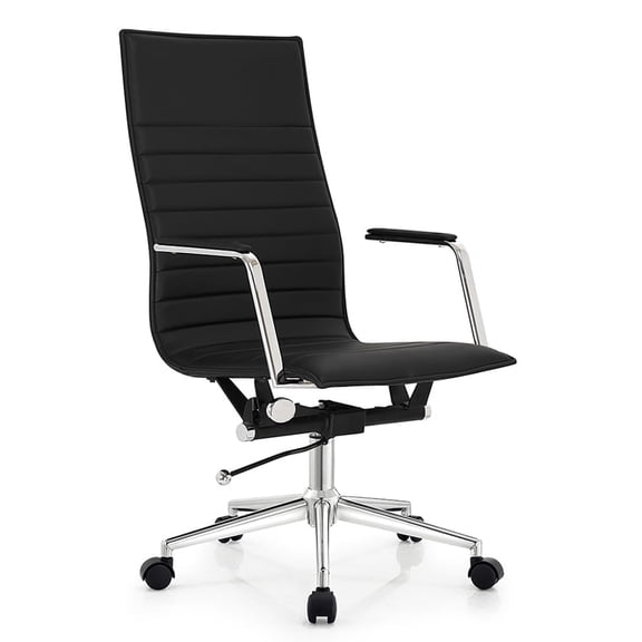 2xhome - Designer Boss PU Leather with Arms wheels Swivel Tilt Adjustable Executive Mid Century Office Chair High Back Ribbed Modern Work Task Computer Desk Chair (Black), Set of 1, 1 piece