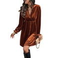 thumbnail image 2 of Women Elegant Retro Short Loose V-Neck Long Sleeve Velvet Solid Color Dress Fall Winter Fashion Clothing Orange M, 2 of 9