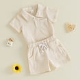 thumbnail image 4 of Xudanell Baby Boy Outfit Newborn Infant Soft Outfit Solid Color Button Top Drawstring Shorts 2 Piece Sets Beige 6-12 Months, 4 of 7