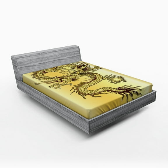 Ambesonne Dragon Fitted Sheet, Chinese Eastern Myth, Full Size, Mustard and Black