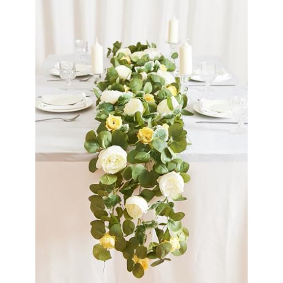 2pcs Artificial Flowers Garland Spring Eucalyptus Garland Vintage Fake Flower Peony Rose Vine Greenery Decorative Wall Hanging Plant for Wedding Arch Door Arrangement Party Decor