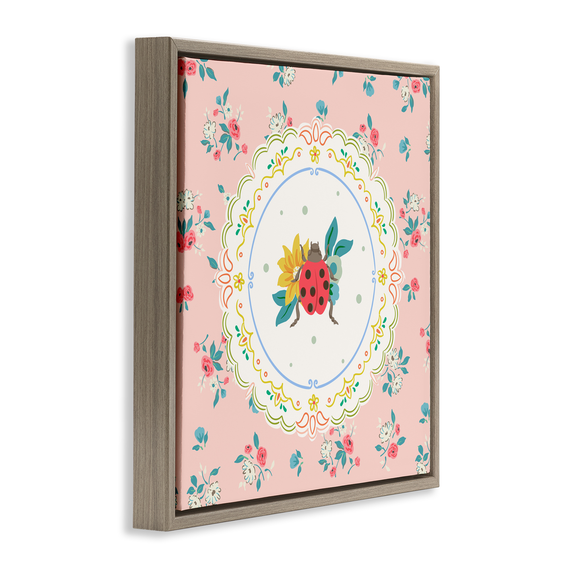 Spring Lady Bug Lace Pattern Brown Framed Floater Canvas Wall Art, design by Angela Steahling