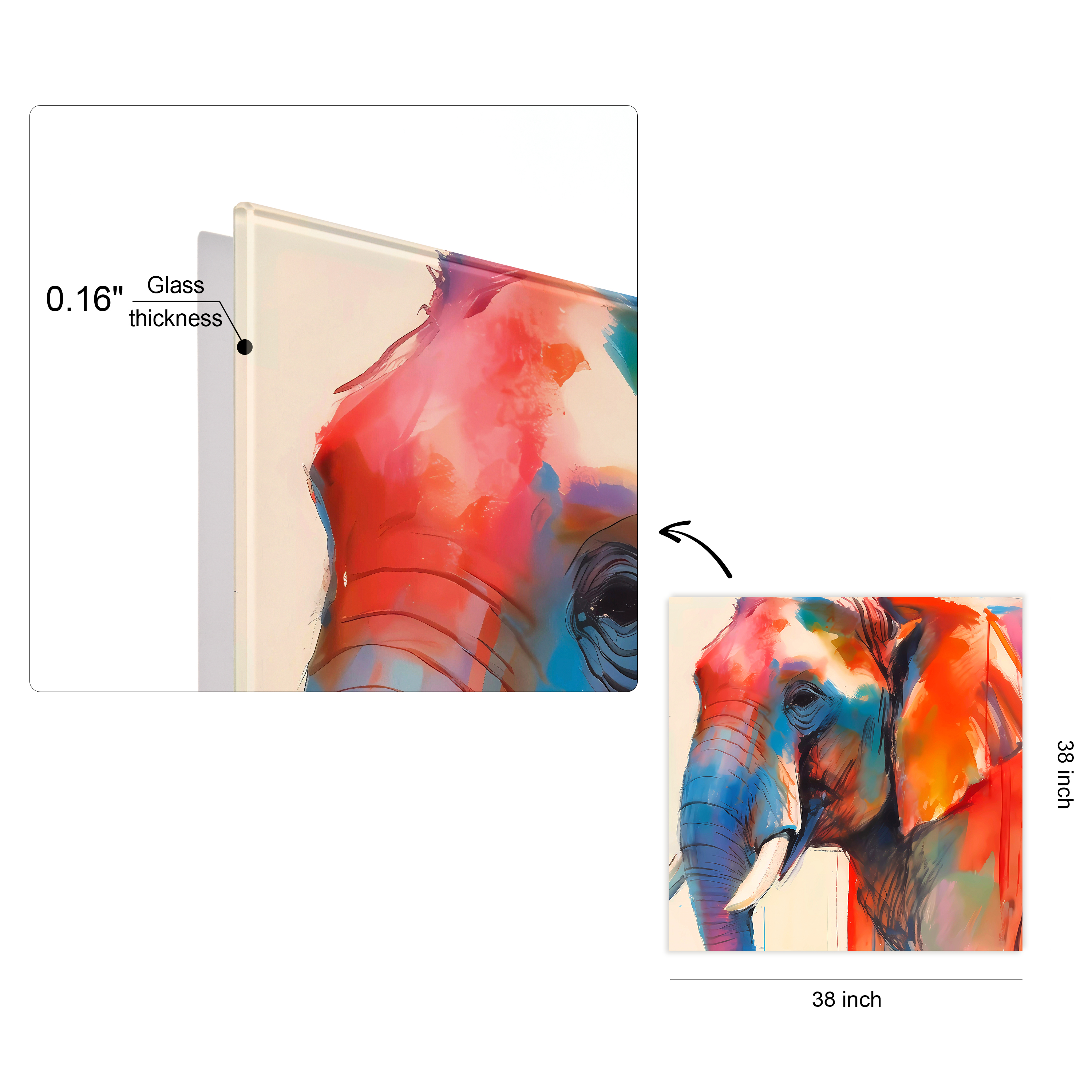 "Vibrant Majesty I" Elephant Frameless Free Floating Reverse Printed Tempered Art Glass Wall Art