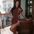 thumbnail image 3 of Women's Turtleneck Short Sleeve Lace-up Bowknot High-Split Mini Dress, Hips Wrapped, Solid Color, 3 of 20