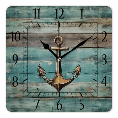 14 Inch Wall Clock Battery Operated Square Clock Decorative for Office, Kitchen, Outdoor, Living Room，Anchor on Wooden Plank Rustic Colorful