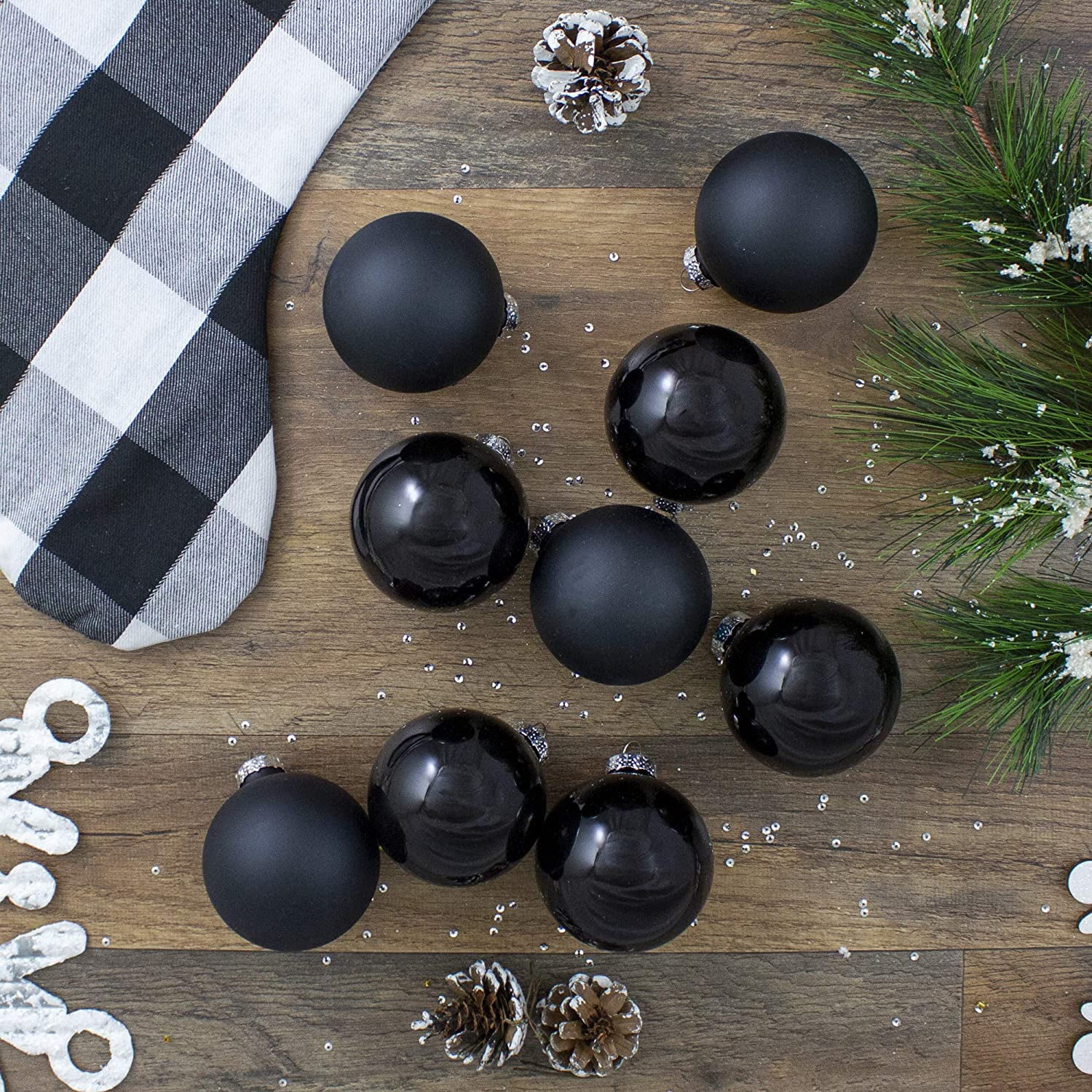 9ct Black Shiny and Matte Christmas Glass Ball Ornaments 2.5" (65mm)