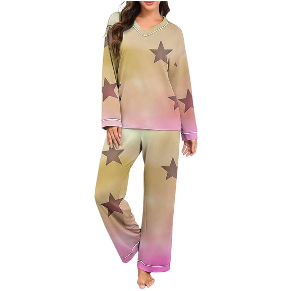 Maplenight Pajama Sets for Women Star Printed V-Neck Long Sleeve Sleepwear and Sleep Pants 2 Piece Ladies Pjs Lounge Set