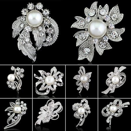 ZeAofa New Bridal Bouquet Rhinestone Crystal Brooch Pin Silver Pearl Brooches Flower