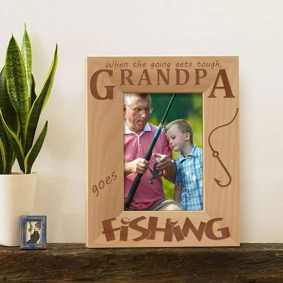 Personalized When the Going Gets Tough Grandpa Goes Fishing Wooden Picture Frame 3 1/2" x 5" Brown (Vertical)