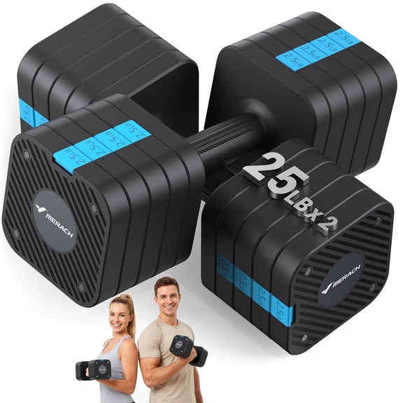MERACH 50LBS Adjustable Dumbbell Set, 5 in 1 Free Hand Weights for Home Gym, 25 lbs, Set of 2, Black&Blue