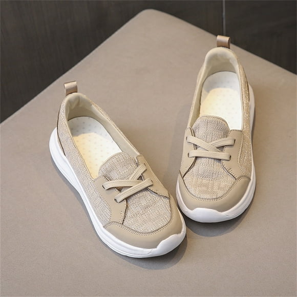 T-Space Women's Topnotch Sneakers Hidden Wedge Canvas Shoes Slip-On Comfort Flat Beige
