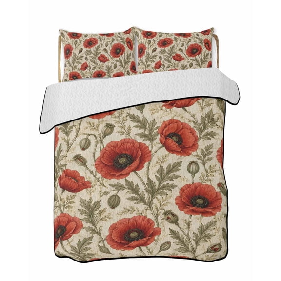 Country Floral Quilts Bedding Set King Size Red Poppy Petal Leaf Vintage Botanical Linen Lightweight Quilted Bedspread 3 Piece Bed Quilt with 2 Pillow Shams All Season for Bedroom 90" x 96"