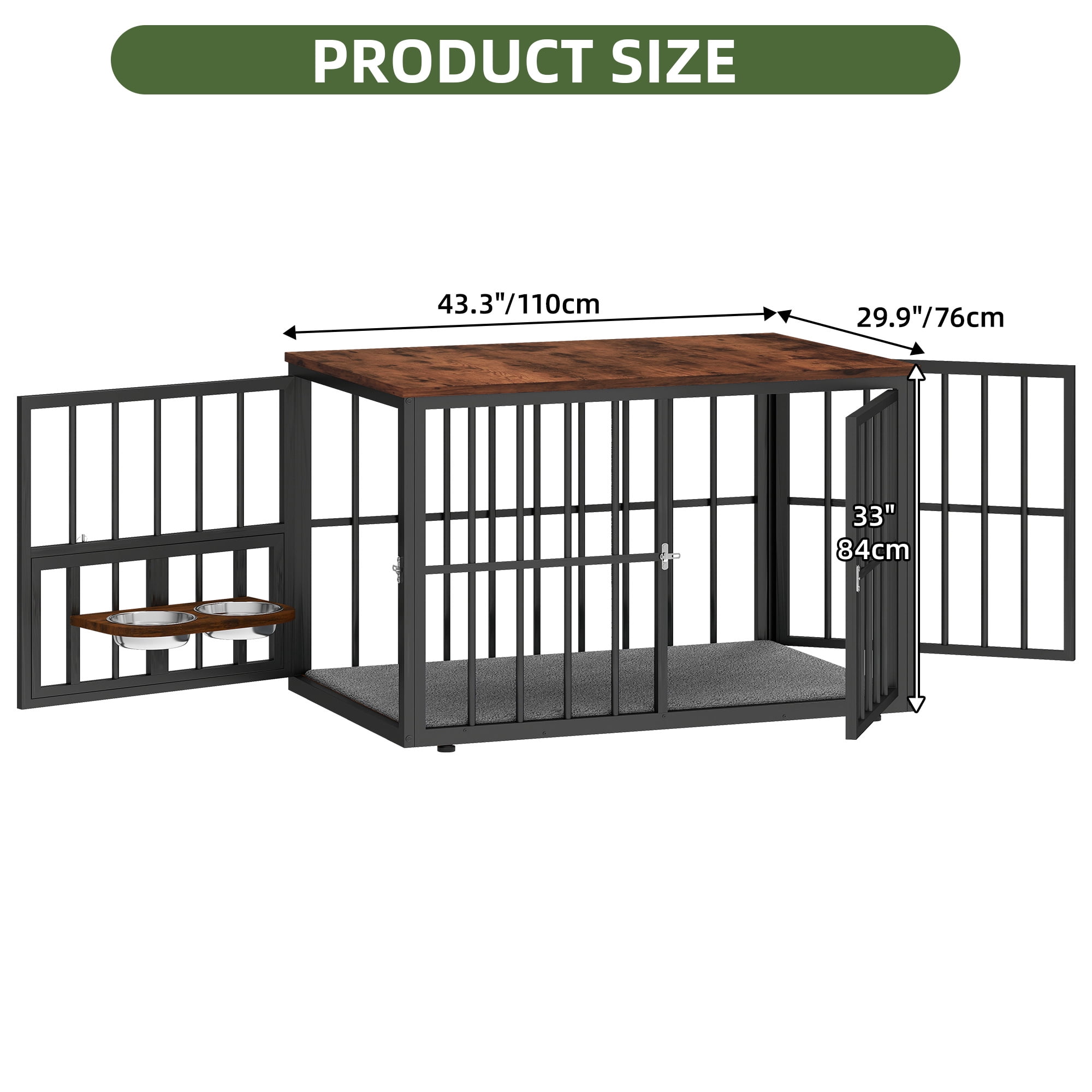 Uforic 44.3" Large Wooden Dog Crate Furniture with 3 Doors & 2 Rotatable Bowls for Medium Large Dogs, Brown